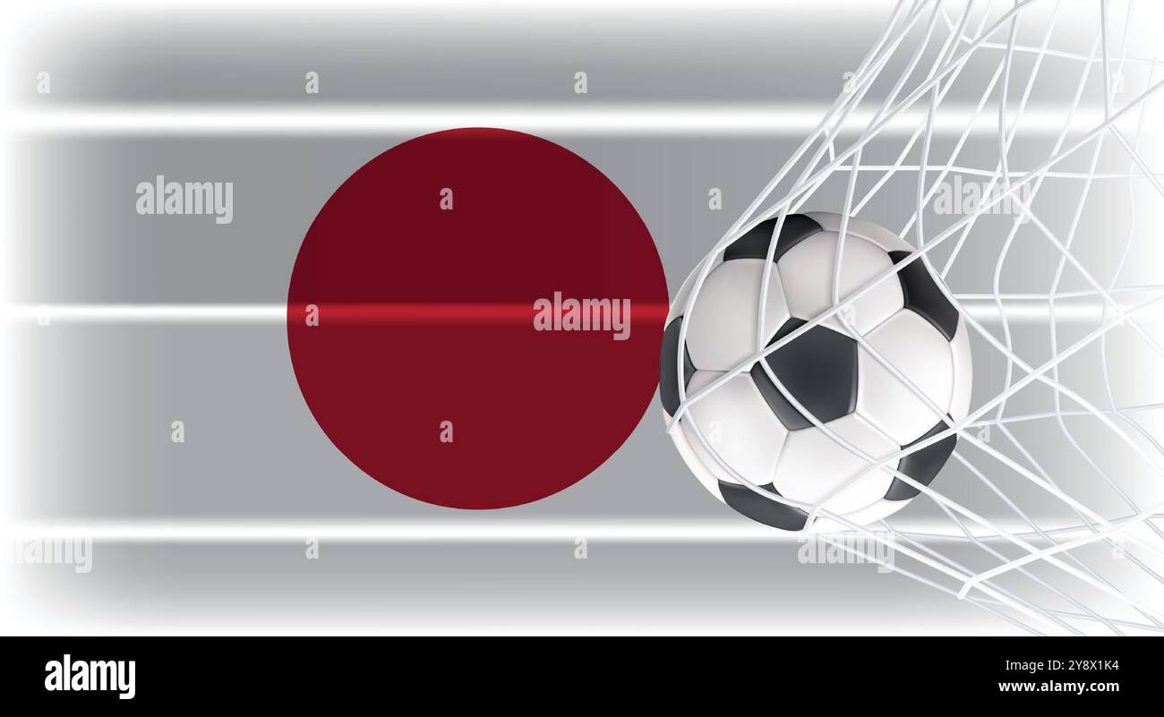 Football ou ballon de football dans Goal Net isolé sur le drapeau ombragé du Japon, équipement accessoire de sport pour jouer au jeu, Championnat Illustration de Vecteur