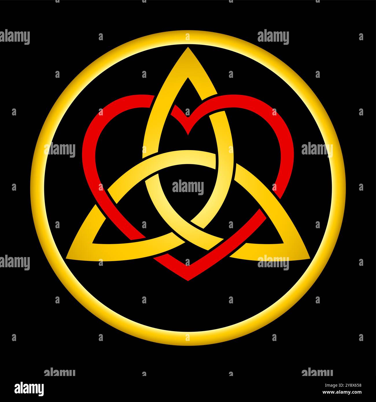 Triquetra entrelacé doré, entrelacé avec un symbole de cœur rouge, dans un cadre circulaire de couleur or sur noir. Un noeud celtique et une figure triangulaire. Banque D'Images