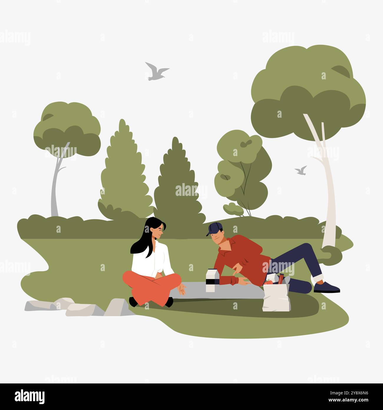 Couple appréciant pique-nique dans le parc avec de la nourriture et des boissons dans l'illustration vectorielle plate symbolisant la détente, la nature et les loisirs de plein air, isolé sur blanc Illustration de Vecteur