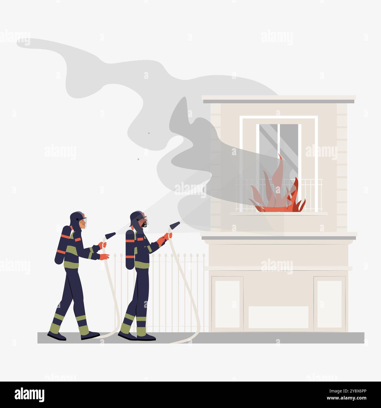 Deux pompiers masculins éteignant le feu dans un bâtiment résidentiel dans l'illustration vectorielle plate symbolisant l'intervention d'urgence, la sécurité incendie, et le travail d'équipe Illustration de Vecteur