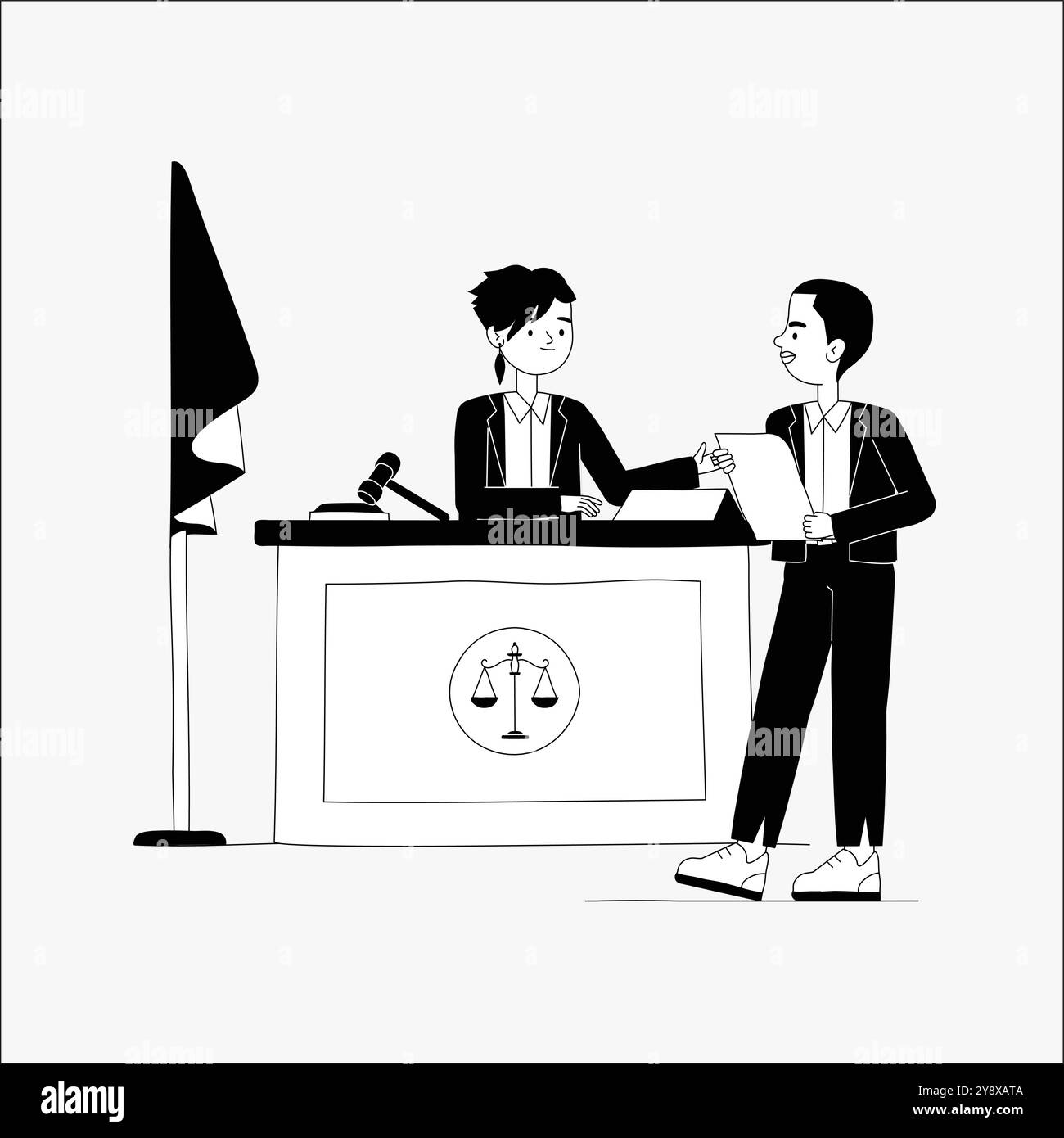 Deux avocats masculins discutant de questions juridiques dans une salle d'audience dans une illustration vectorielle plate symbolisant la discussion en salle d'audience, l'argument juridique et la justice Illustration de Vecteur