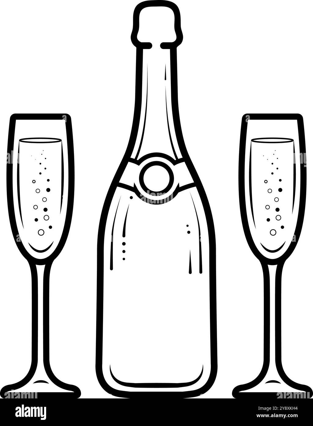 Dessin au trait d'une bouteille de champagne et deux flûtes à champagne. Illustration vectorielle Illustration de Vecteur