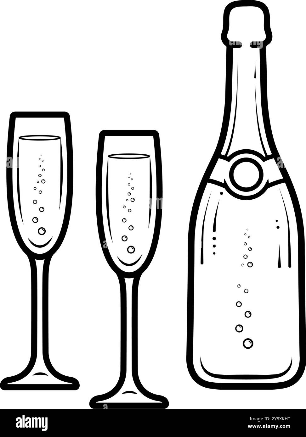 Bouteille de champagne et deux flûtes clip art line Illustration vectorielle Illustration de Vecteur