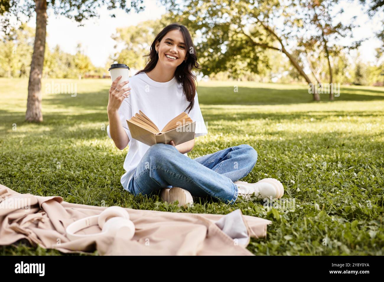 Vêtue d'une tenue chaude, une femme se détend dans un parc, lisant et dégustant son café sous le soleil d'automne. Banque D'Images