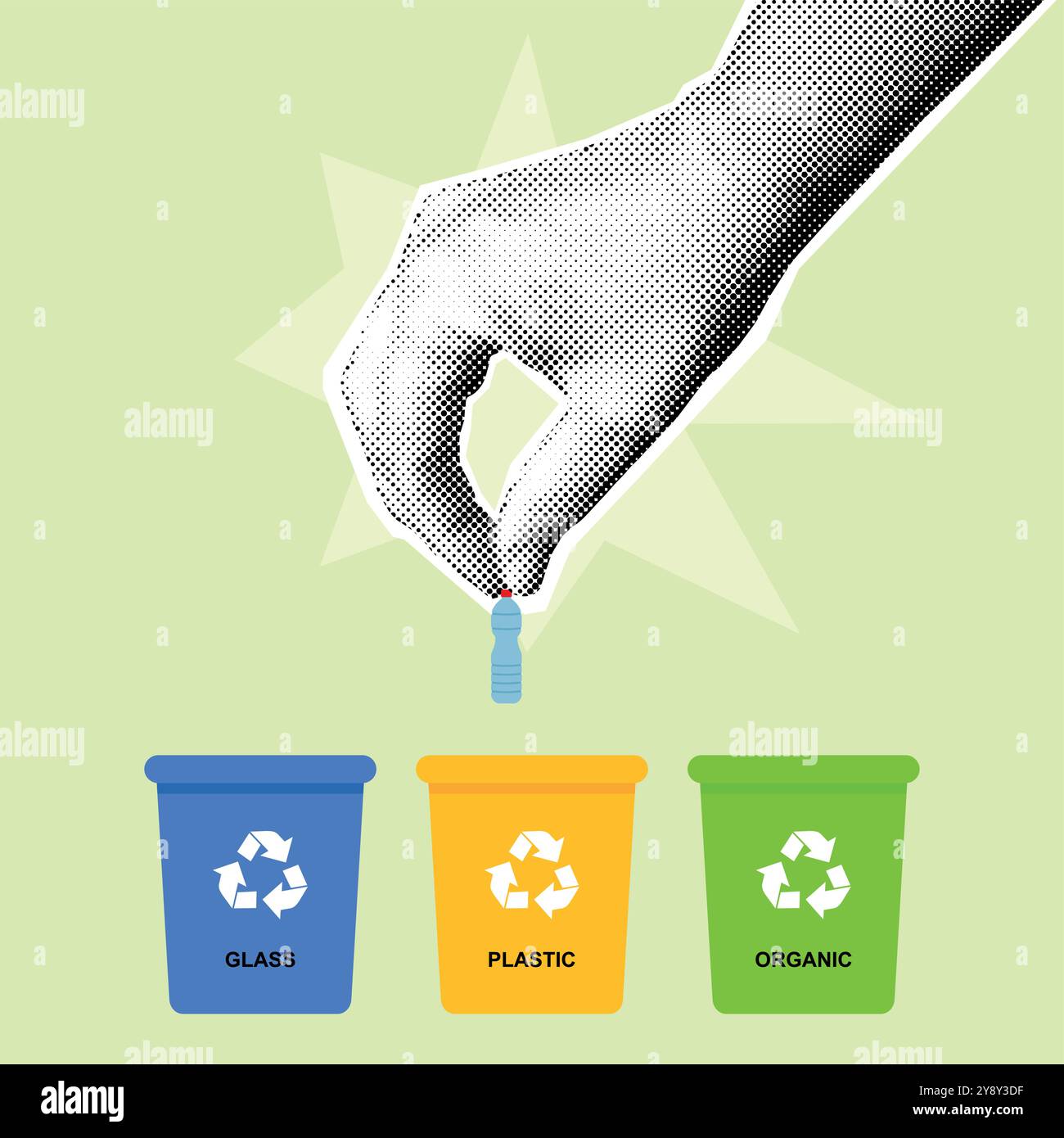 Jeter la bouteille en plastique à la main dans le récipient. Illustration vectorielle. Tri des déchets dans différents réservoirs. Protéger l'environnement. Illustration de Vecteur