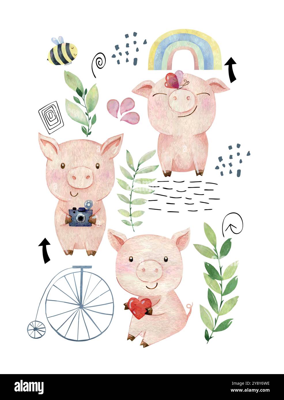 Affiche vectorielle d'aquarelle avec des cochons. Composition pour carte de voeux et etc Décoration murale. Illustration de Vecteur