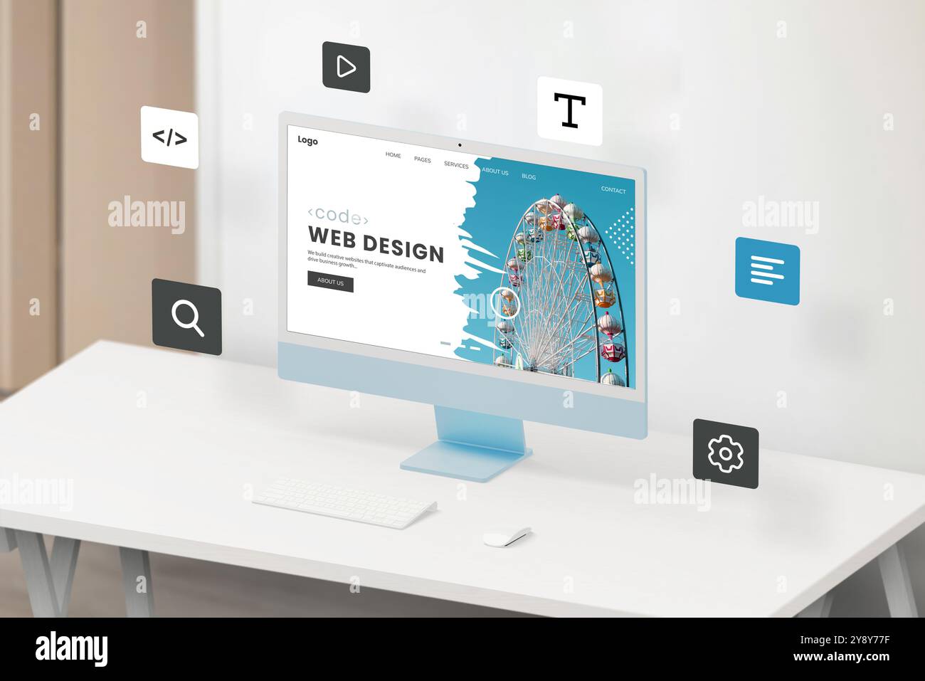 Affichage d'ordinateur moderne dans une vue isométrique sur un bureau de travail, présentant une page de studio de conception Web avec des modules Web flottants comme du texte, des icônes, des paramètres, Banque D'Images