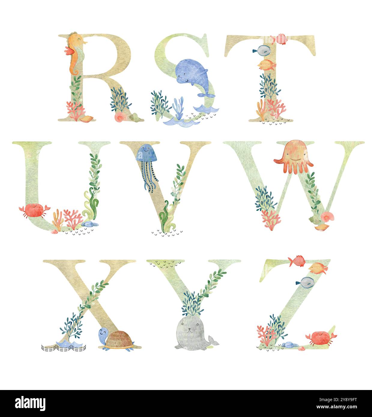 Lettres d'animaux marins à l'aquarelle. Illustration de Vecteur