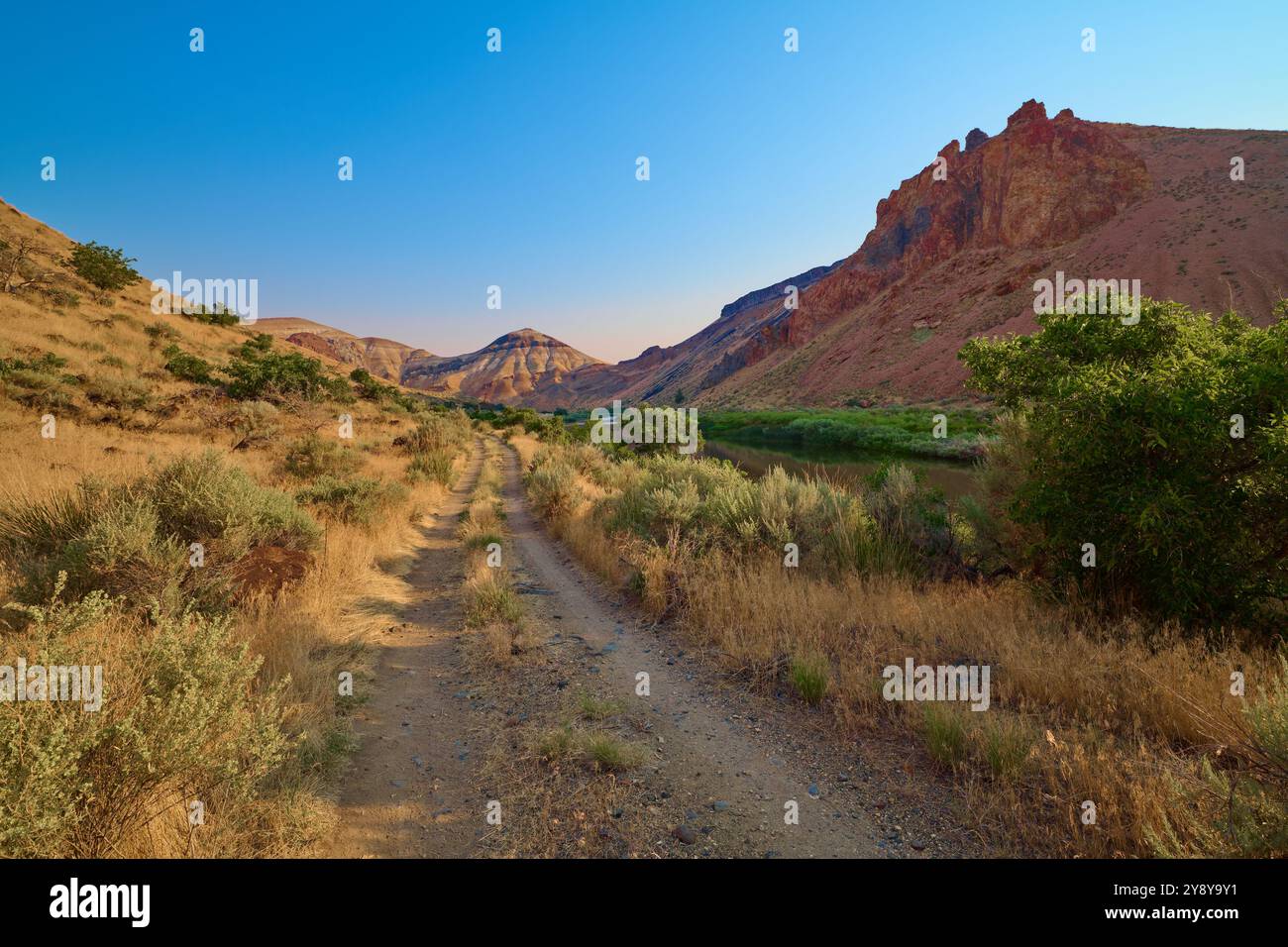 Chemin de terre le long de la rivière Owyhee à Birch Creek Ranch, Oregon. Banque D'Images