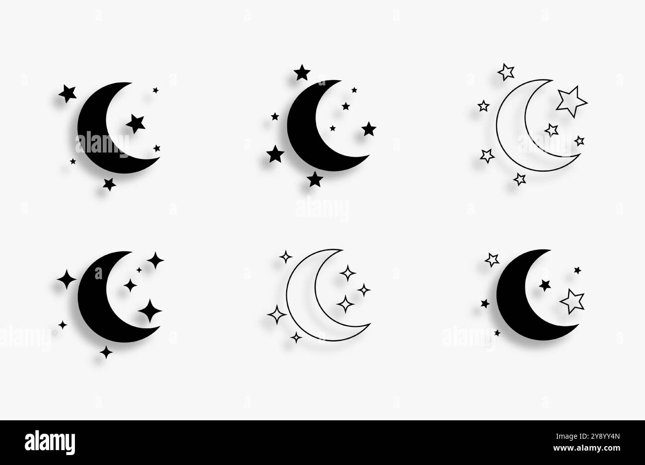 demi-lune dessinée à la main et fond d'étoile dans le vecteur défini Illustration de Vecteur