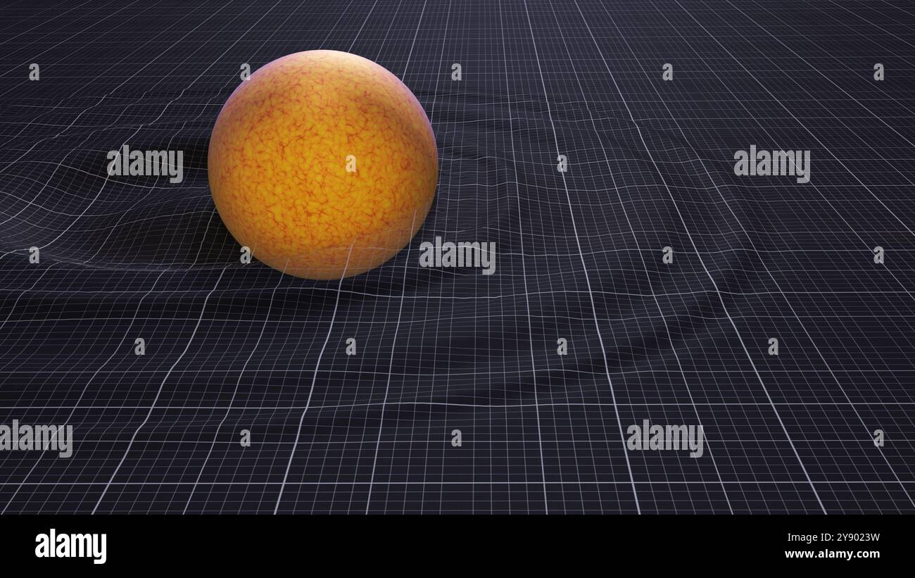 Objet massif déformant l'espace/la surface de la grille. Graviton. Sphère se déplace à travers l'espace, les ondes de gravité ondulent à travers l'espace-temps.3d rendu illustration Banque D'Images