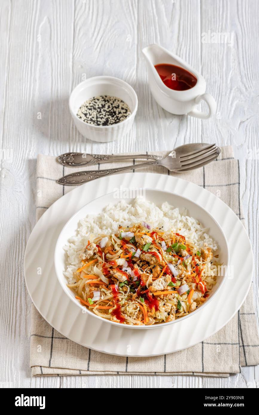 roulé aux œufs de tofu, chou sautés, tofu émietté assaisonné servi dans une sauce sucrée et salée servie sur du riz dans un bol sur une table en bois blanc avec cuillère Banque D'Images