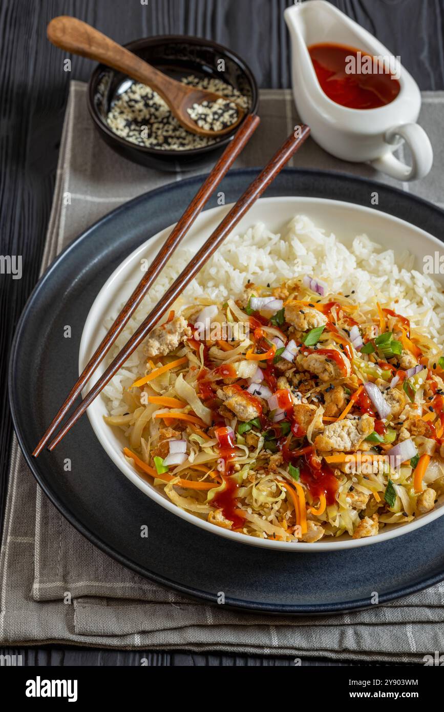 roulé aux œufs de tofu, chou sautés, tofu émietté assaisonné servi dans une sauce sucrée et salée servie sur du riz dans un bol sur une table en bois noir avec chopsti Banque D'Images