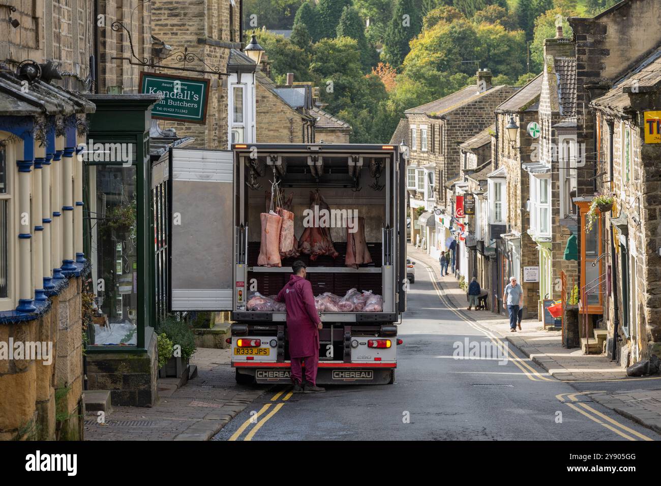 Livraison de viande à Kendalls Farm Butchers - Pateley Bridge, Nidderdale, North Yorkshire, Angleterre, Royaume-Uni Banque D'Images
