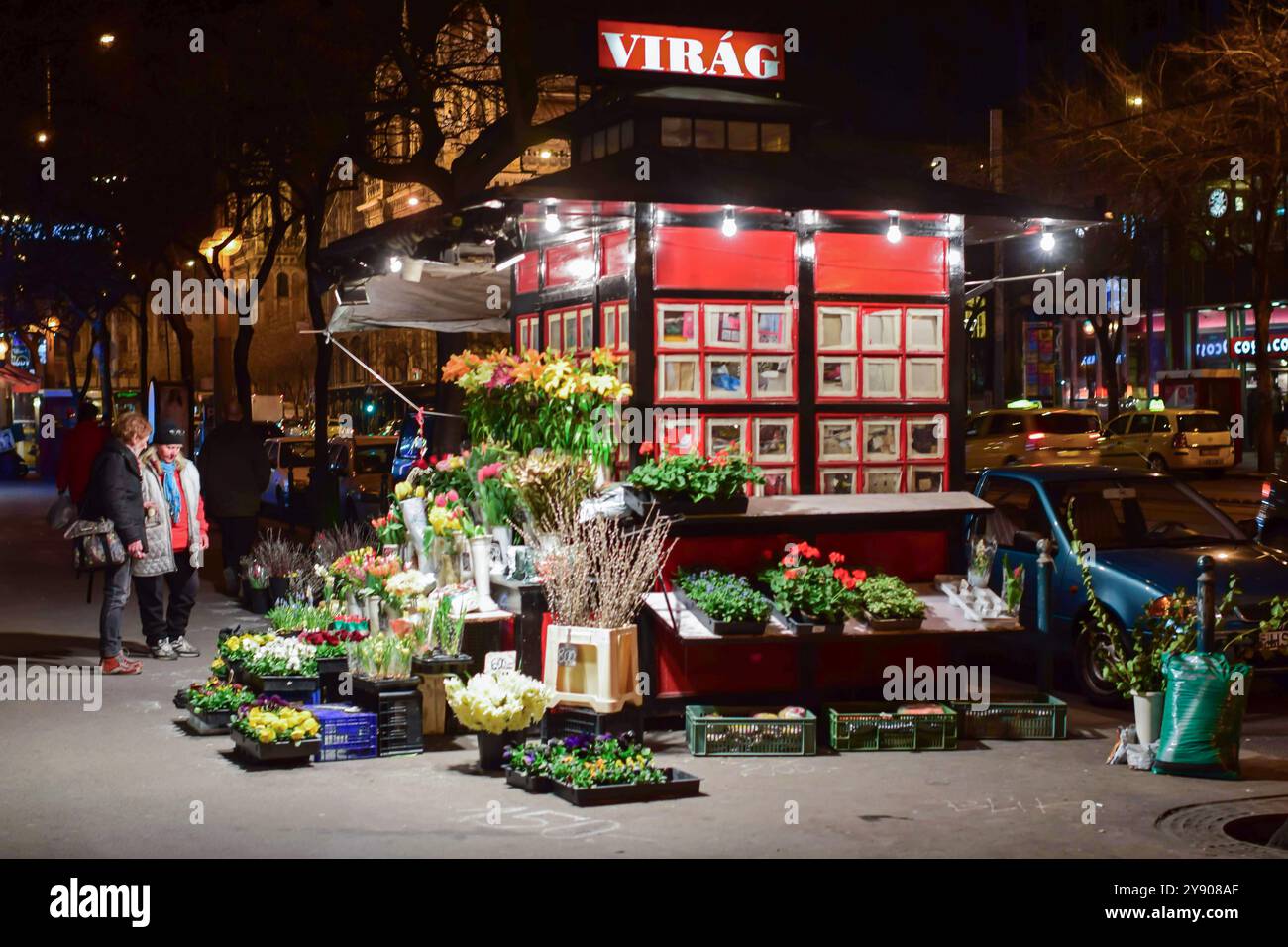 Magasin de fleurs Virag dans les rues de Budapest la nuit, Hongrie Banque D'Images