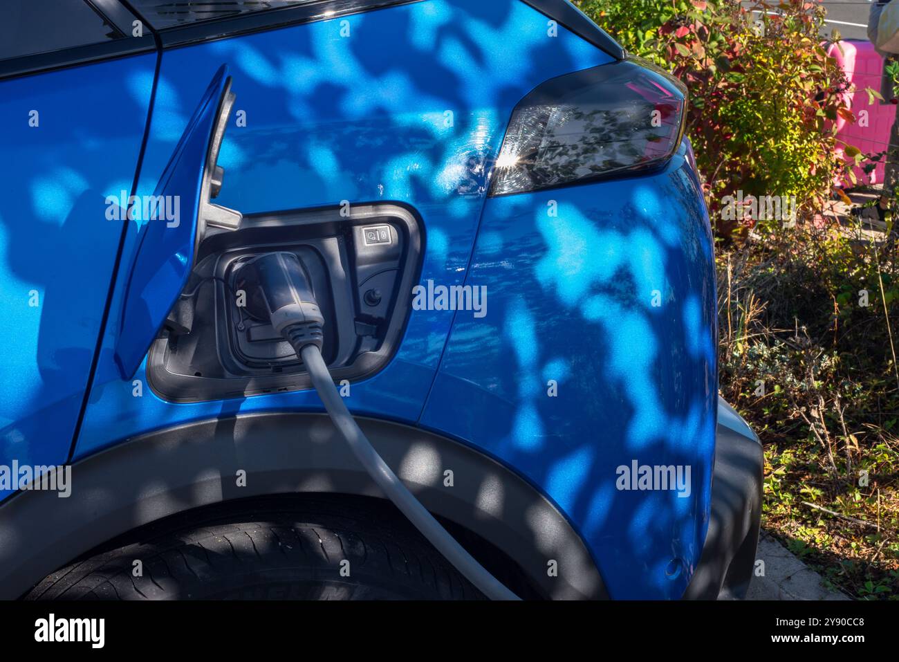 Worcester, Angleterre, Royaume-Uni-septembre 17 2024 : garé électrique domestique, voiture alimentée par batterie, avec connecteur de charge attaché, être chargé pendant la journée, à Banque D'Images