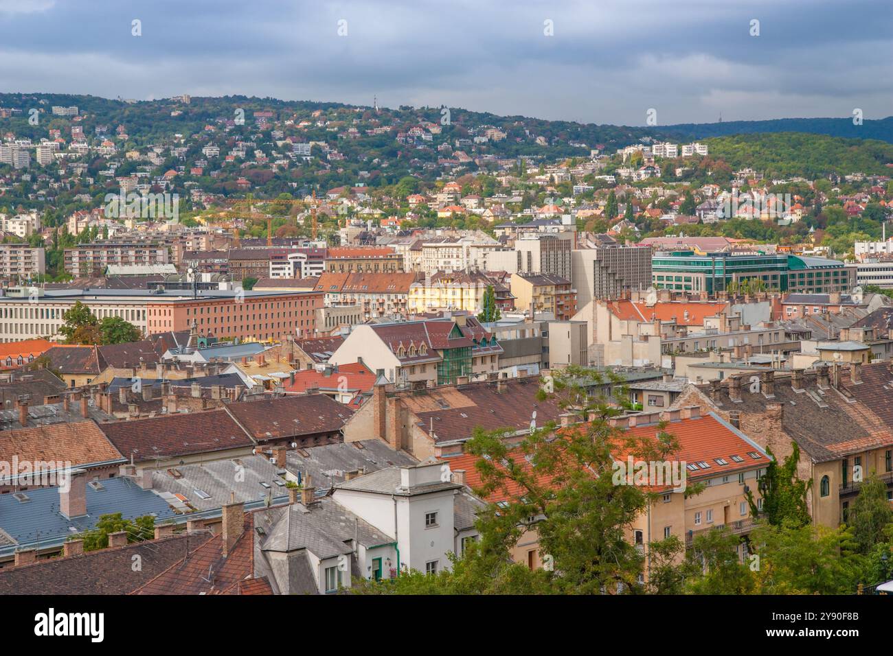 Paysage urbain en panorama de Buda à Budapest avec des arbres au premier plan et des bâtiments, des appartements et des maisons au loin. Banque D'Images