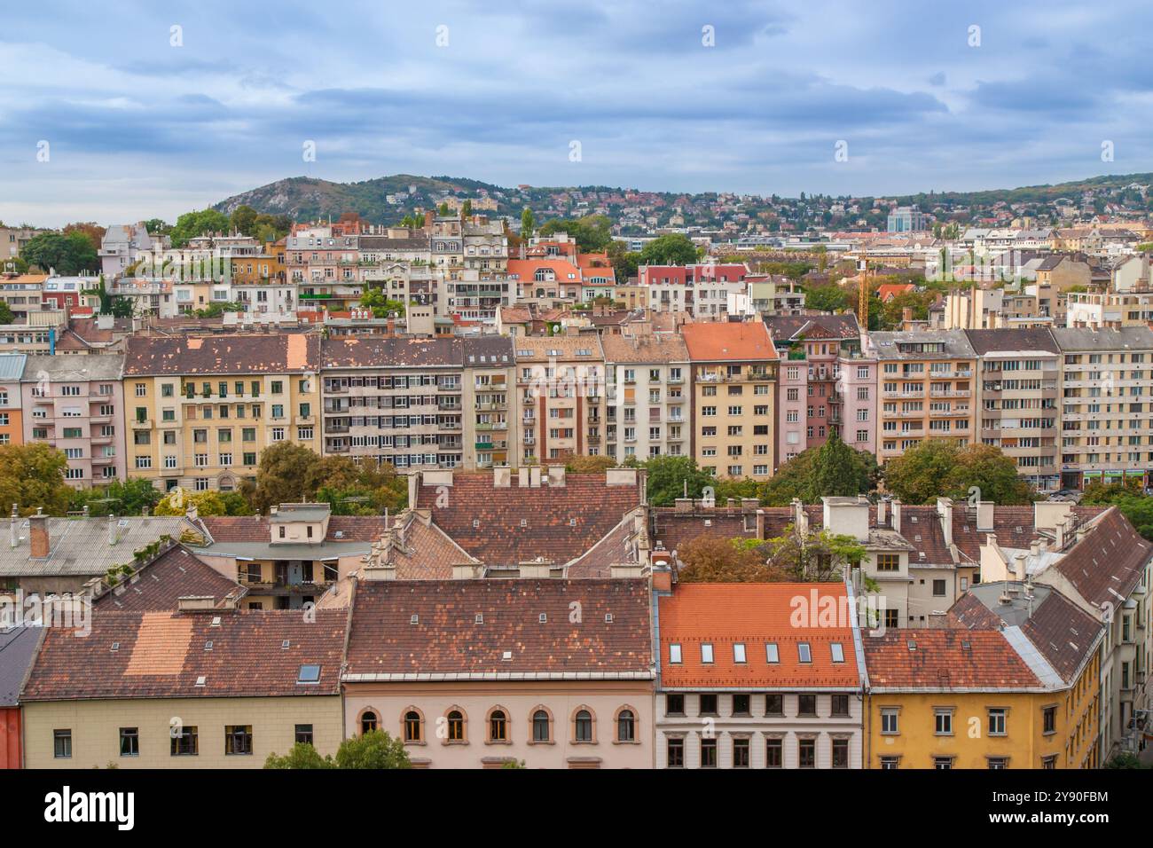 Paysage urbain en panorama de Buda à Budapest avec des arbres au premier plan et des bâtiments, des appartements et des maisons au loin. Banque D'Images