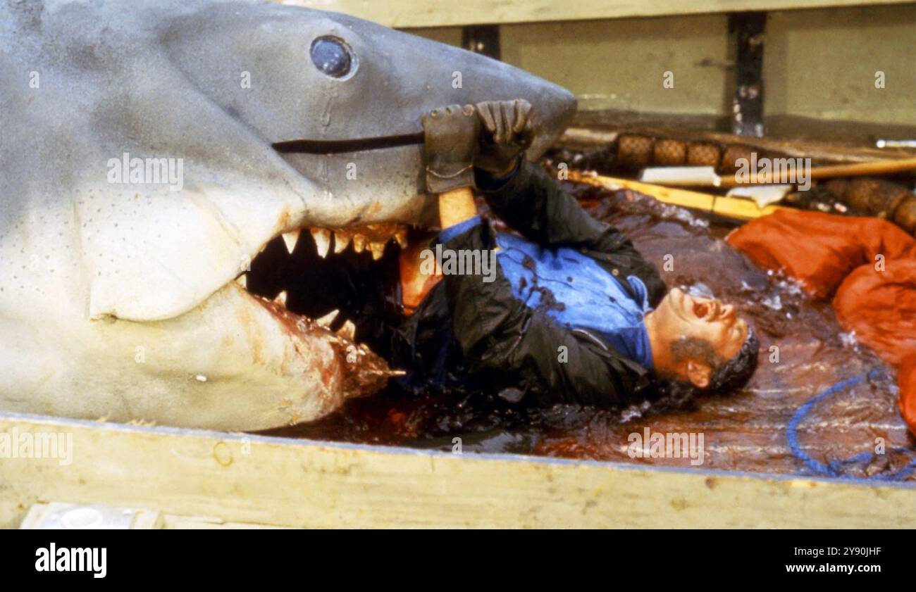 JAWS 1975 Universal Pictures film réalisé par Steven Spielberg avec Robert Shaw dans le rôle du chasseur de requins professionnel Quint Meeting a Bloody End. Banque D'Images