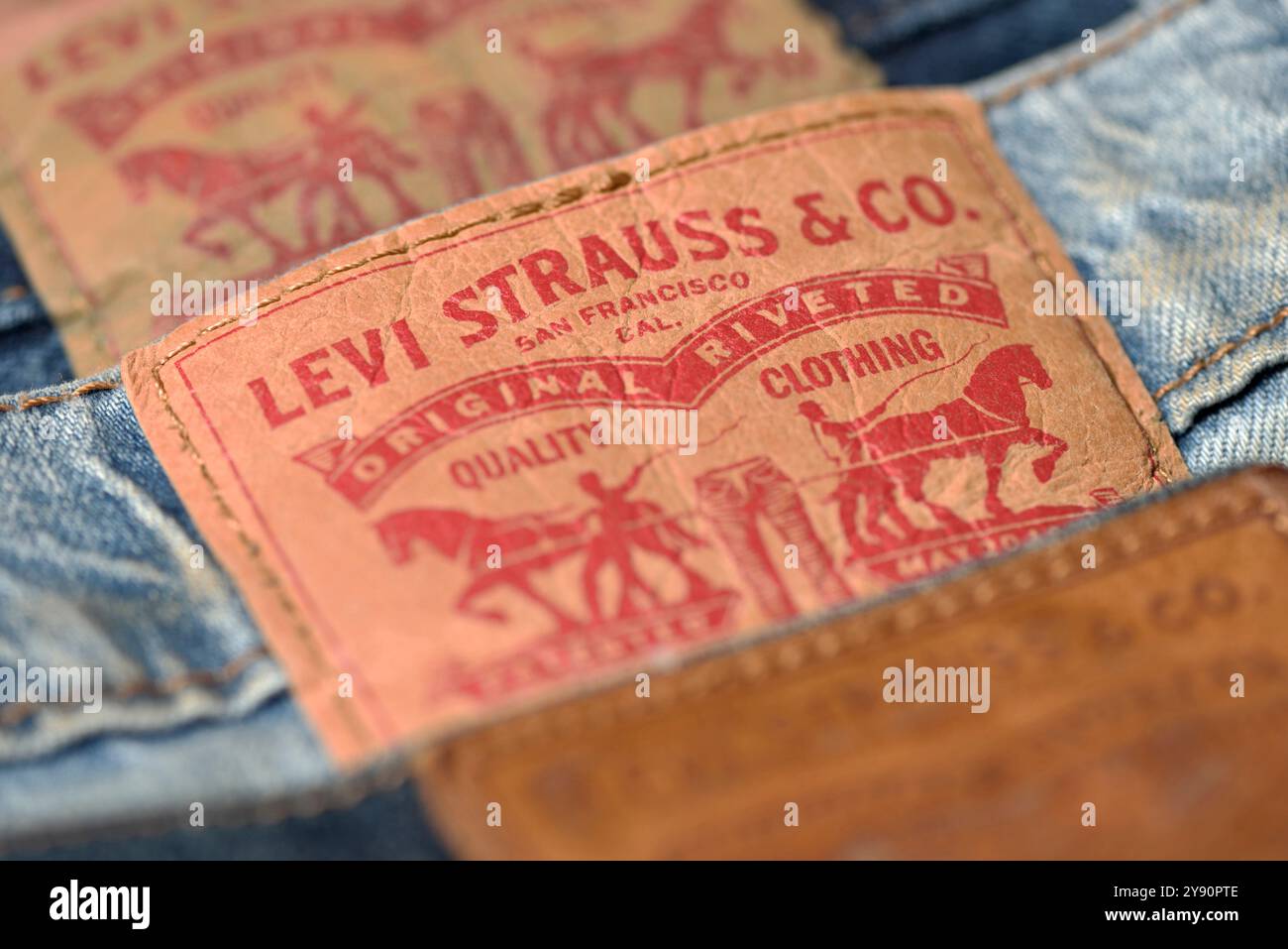 Levi Strauss original Jean étiquette en cuir détail rapproché Banque D'Images