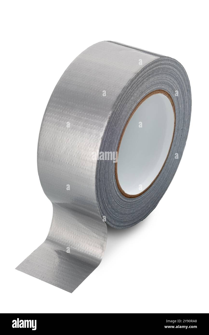 Ruban adhésif en tissu haute résistance, rouleau de ruban adhésif argenté isolé sur blanc avec chemin de découpage inclus Banque D'Images