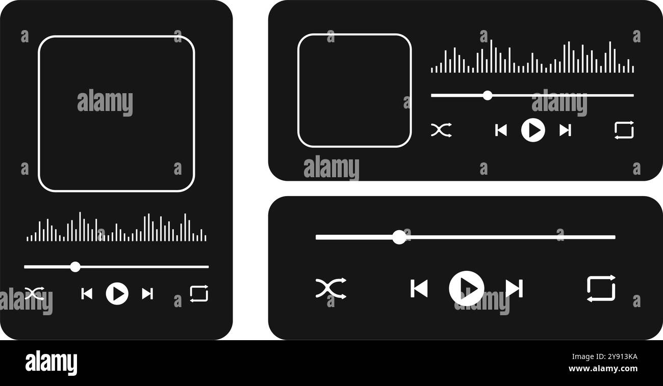 Interface de lecteur de musique avec cadre de couverture d'album, boutons, barre de chargement de progression et onde sonore. Modèles de widget de menu de lecture isolés sur fond blanc. Illustration graphique vectorielle. Illustration de Vecteur