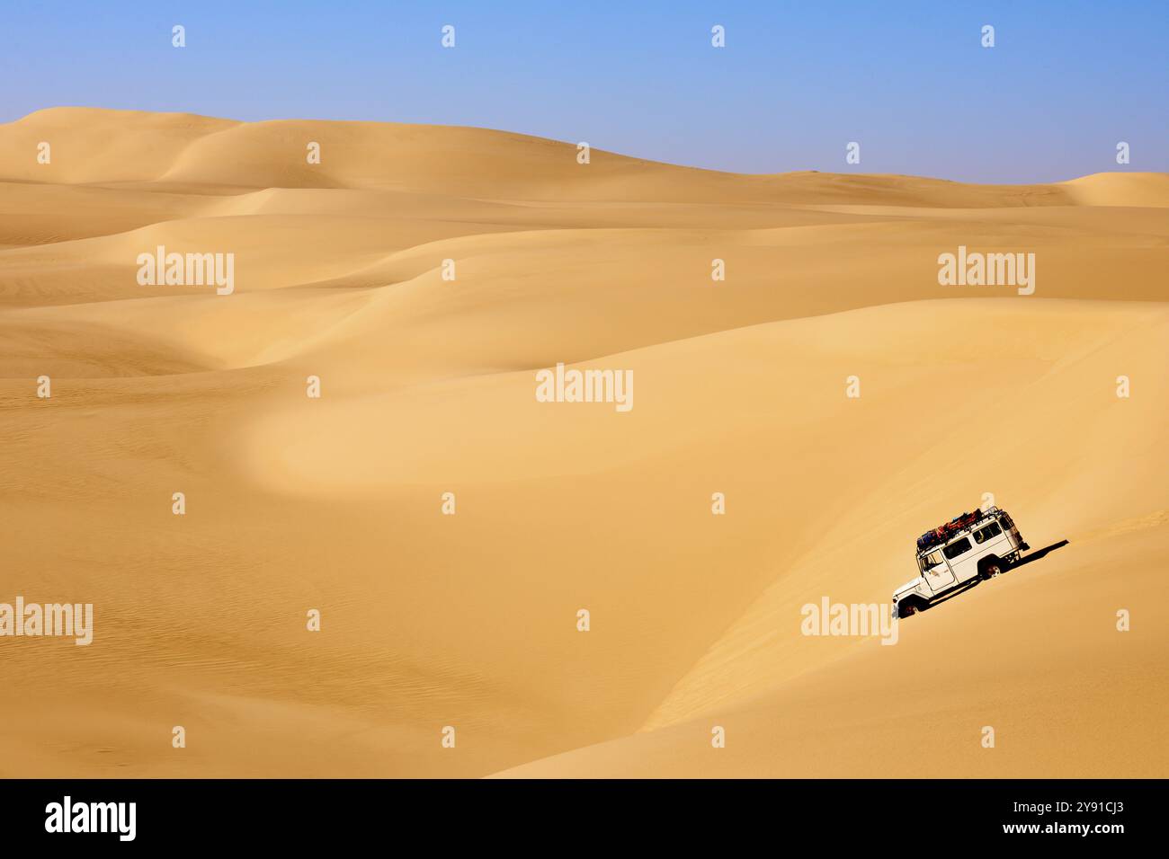 Véhicule hors route conduisant à travers de vastes dunes de sable sous un ciel dégagé dans un paysage désertique sec et ensoleillé, Matruh, Grande mer de sable, désert libyen, Sahara Banque D'Images
