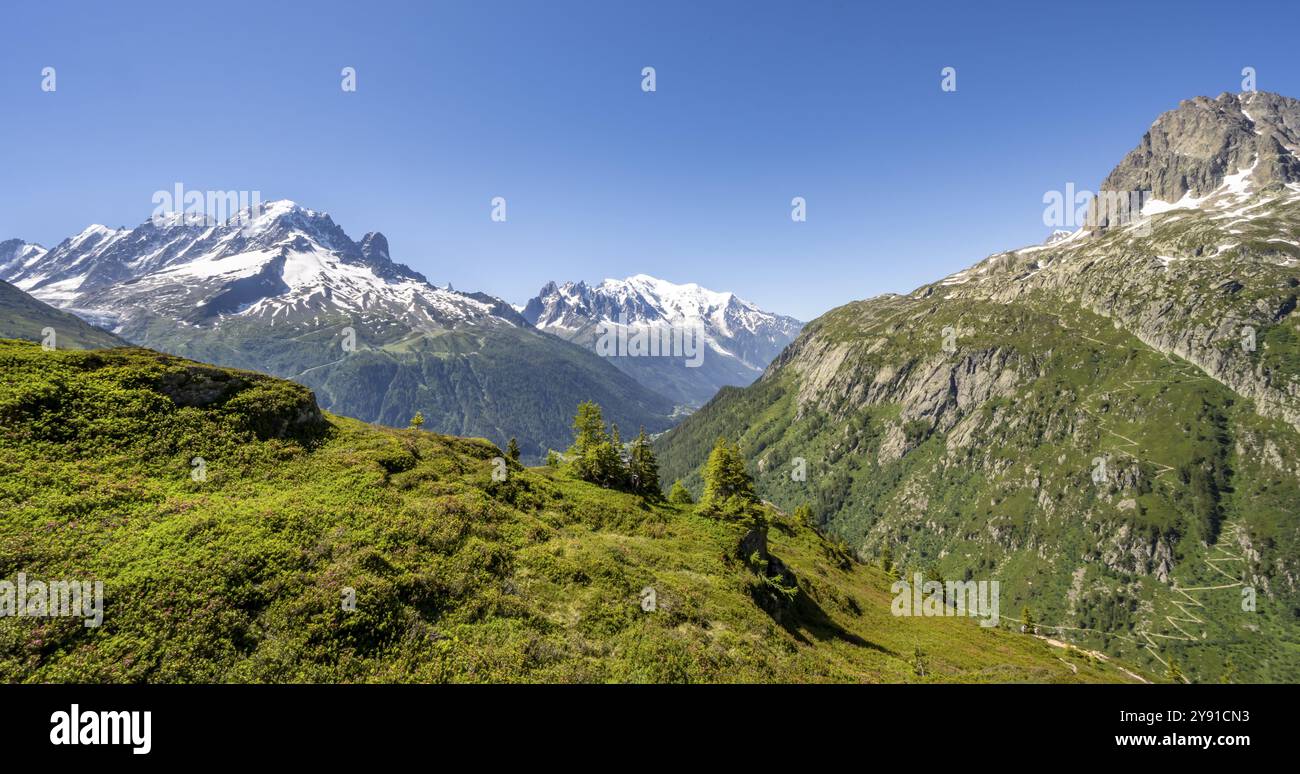 Panorama de montagne avec sommets glaciaires, aiguille verte avec aiguille du midi et Mont Blanc, randonnée à Aiguillette des Posettes, Chamonix, Haut Banque D'Images