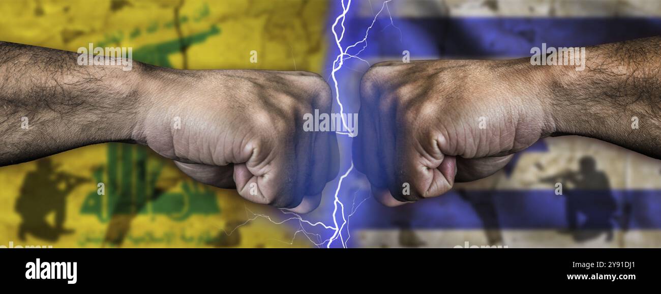 Guerre entre le Hezbollah et Israël concept. Drapeau Israël vs Hezbollah sur un mur fissuré. Tension politique entre le Hezbollah et Israël Banque D'Images