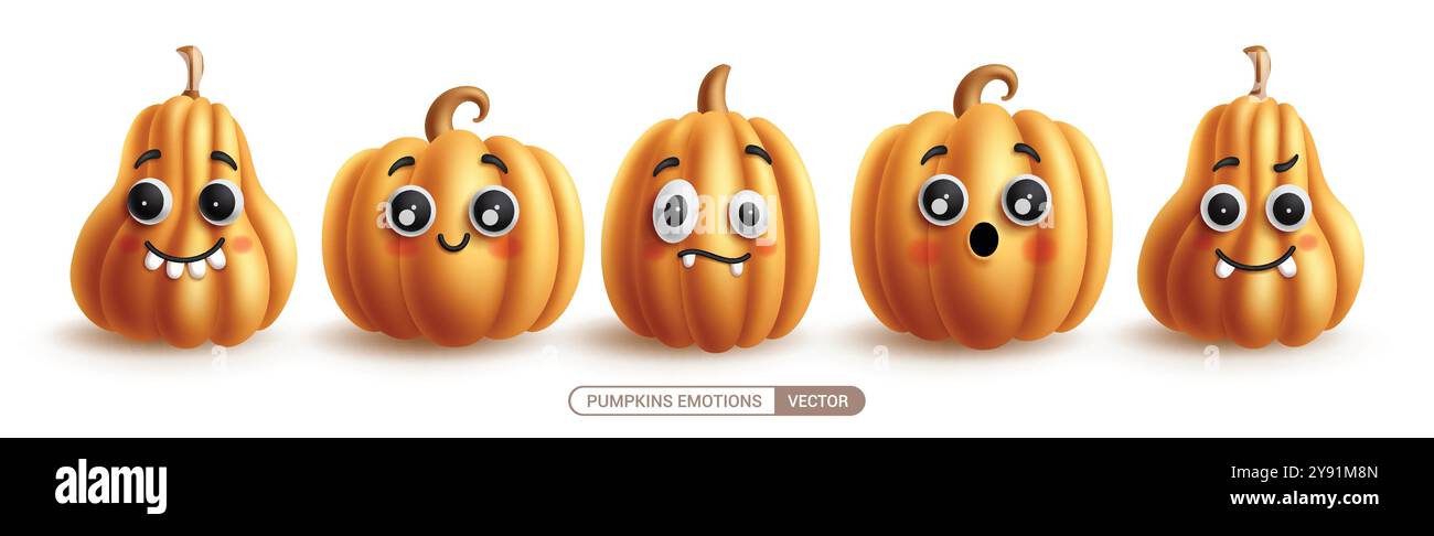 Conception vectorielle de jeu de personnages de citrouilles d'Halloween. Citrouilles caractère mignon avec expression faciale heureuse, triste, coquine et souriante dans la collection orange. Illustration de Vecteur