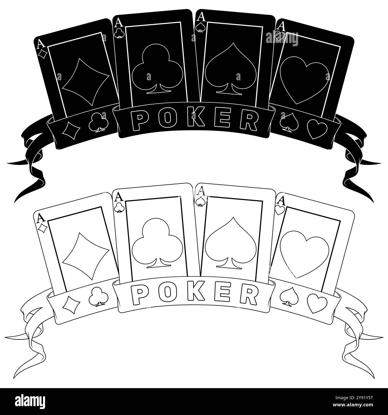 Cartes de poker entourées d'un ruban, symboles de poker de coeur, diamant, club et as Illustration de Vecteur