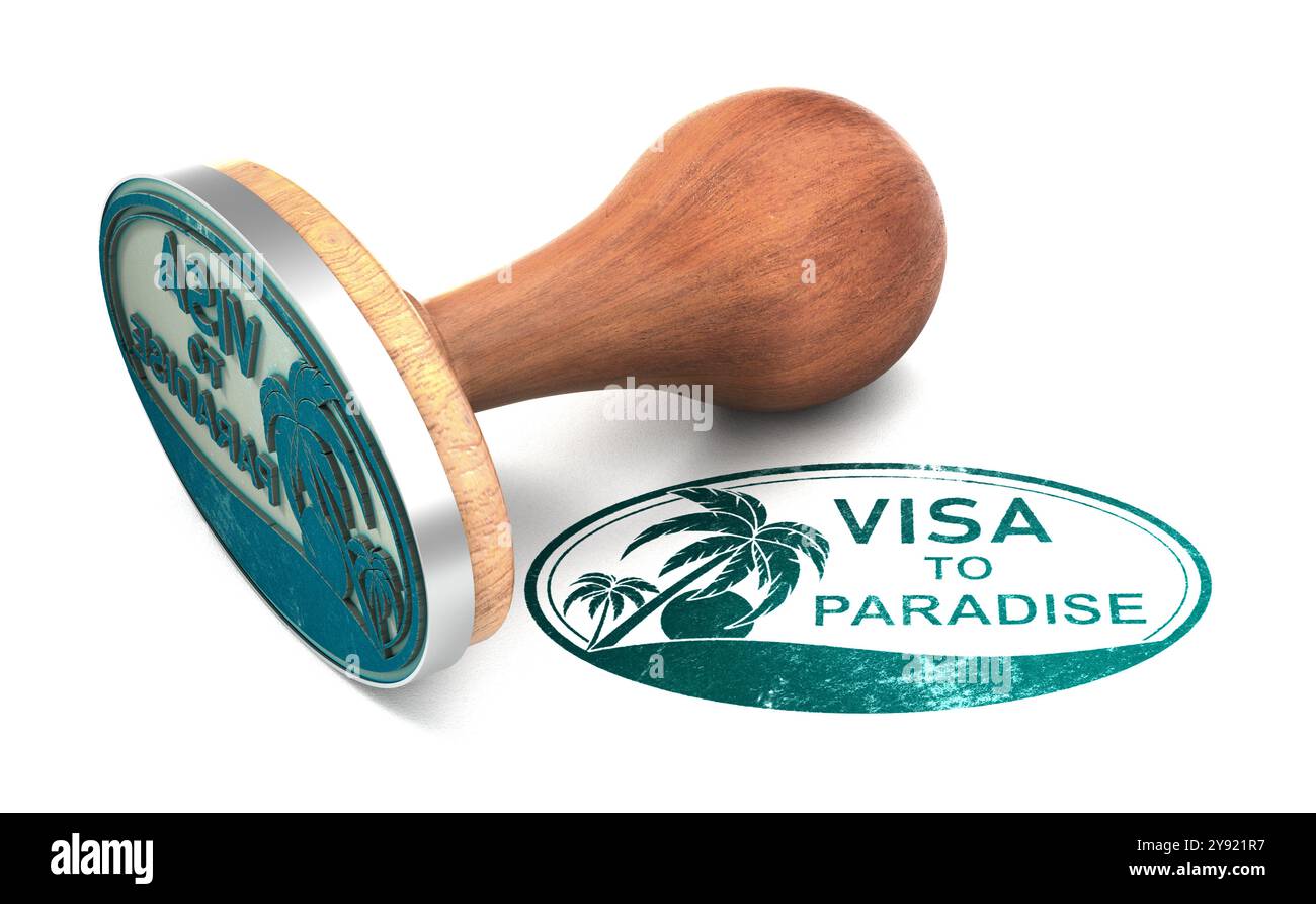 Tampon en caoutchouc avec la phrase visa to Paradise over White backgroound. Concept de vacances de destination tropicale et voyage de rêve. illustration 3d. Banque D'Images