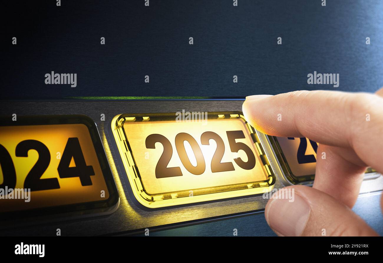Doigt sur le point d'appuyer sur un bouton jaune avec le texte 2025. Année deux mille vingt-cinq concept. Image composite entre une photographie de main et un Banque D'Images