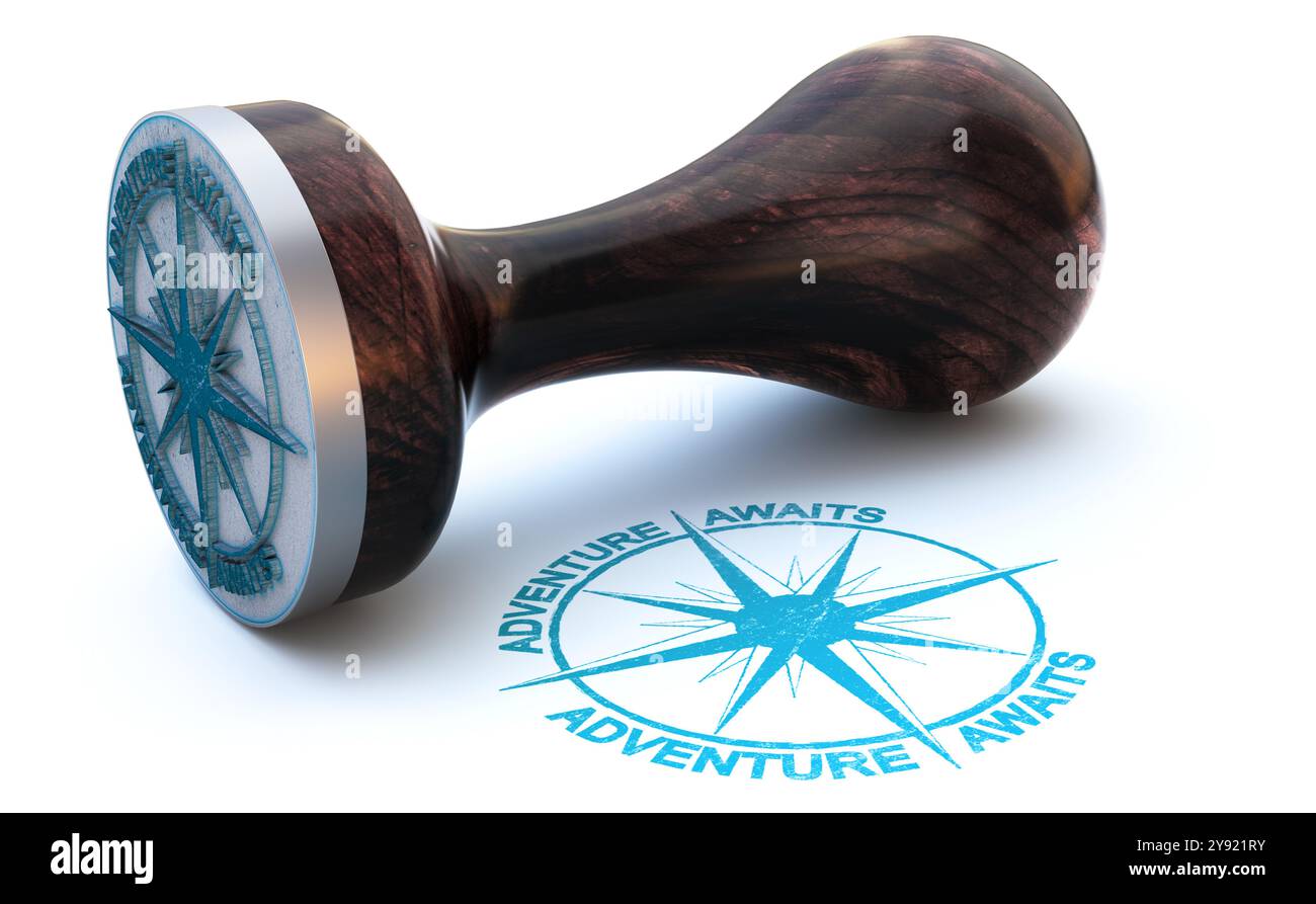 Tampon en caoutchouc avec le texte aventure attend sur fond blanc. illustration 3d. Banque D'Images