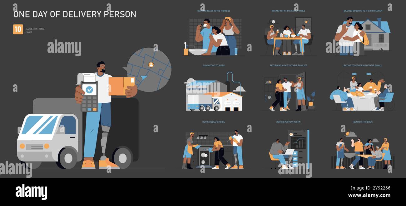 Ensemble de vie quotidienne du livreur. Commencer la journée, gérer les tâches professionnelles, le temps en famille et les activités sociales. Routine d'un courrier dans la vie moderne. Illustration vectorielle. Illustration de Vecteur