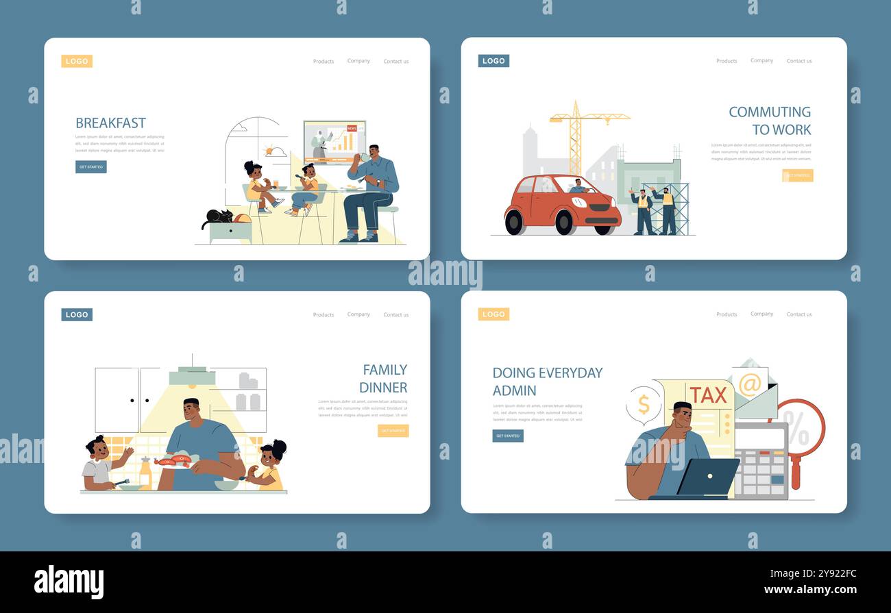 Journée du constructeur. Scènes de la vie quotidienne montrant professionnel dans différentes situations. Routine matinale, trajet au travail, temps en famille et paperasse. Illustration vectorielle. Illustration de Vecteur