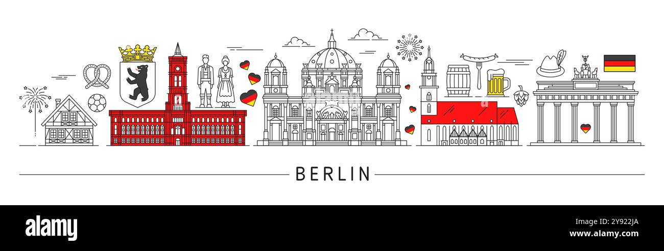 Silhouette berlinoise, monuments touristiques et gratte-ciel de l'Allemagne avec des symboles culturels emblématiques comme la porte de Brandebourg, la cathédrale de Berlin, Rotes Rathaus et des éléments historiques ou culturels allemands traditionnels Illustration de Vecteur