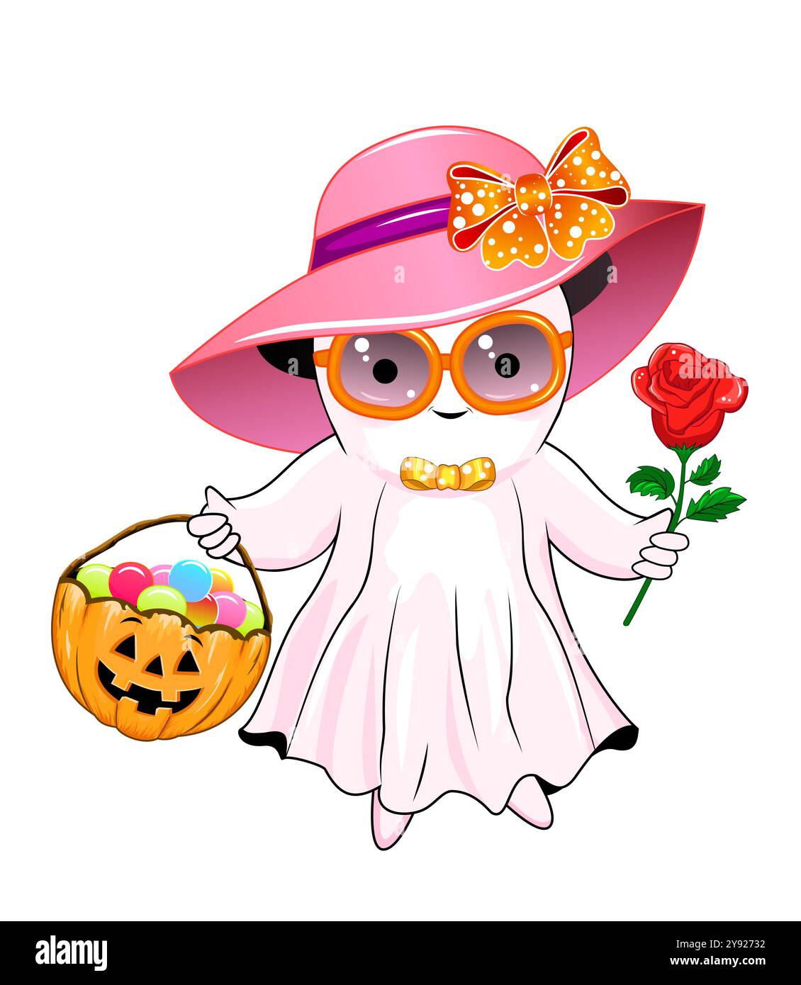 Fantôme féminin mignon de dessin animé avec un grand chapeau sur sa tête et ses lunettes, tenant une citrouille et une rose rouge. Personnage d'Halloween, sur fond blanc. Illustration de Vecteur