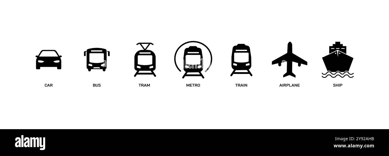 Ensemble d'icônes Silhouette de transport public ferroviaire. Train, Tram, métro Glyph pictogramme. Métro, panneau de la station de tramway électrique. Système de trafic routier Illustration de Vecteur