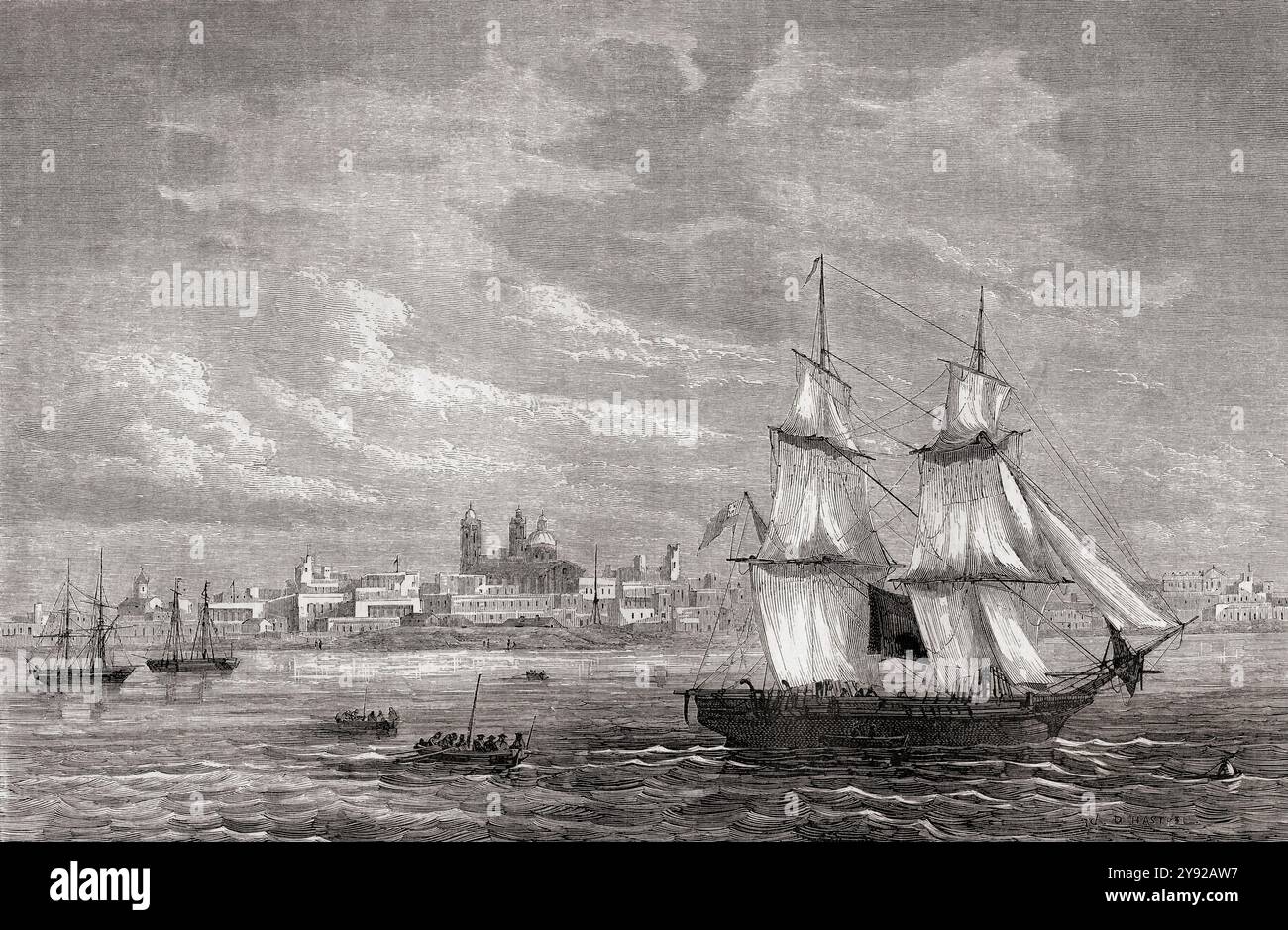 Vue du port de Montevideo, Uruguay, vue pendant le voyage en Amérique du Sud, 1823-1824, de Giovanni Mastai Ferretti, alias le pape Pie IX du Tour du monde, publié à Paris, 1860. Banque D'Images