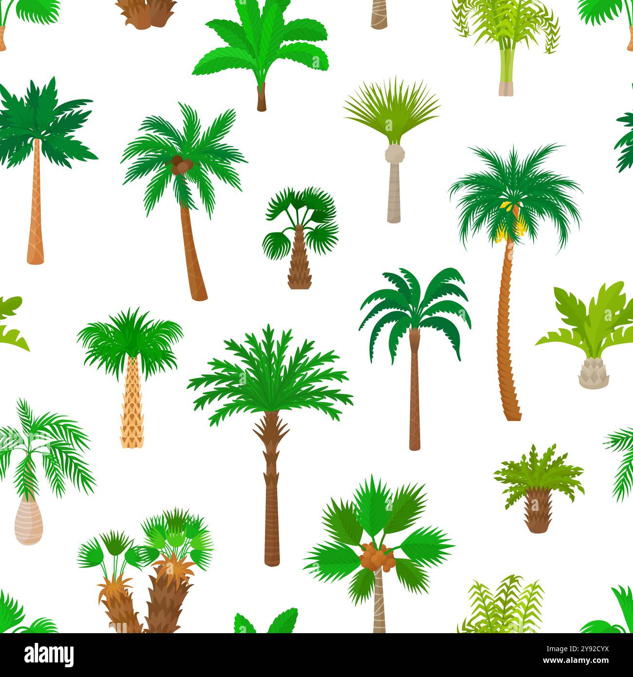 Motif sans couture de palmiers. Arbre tropical, plantes vertes design plat. Impression de tissu forestier exotique, modèle de papier d'emballage, fond vectoriel Illustration de Vecteur