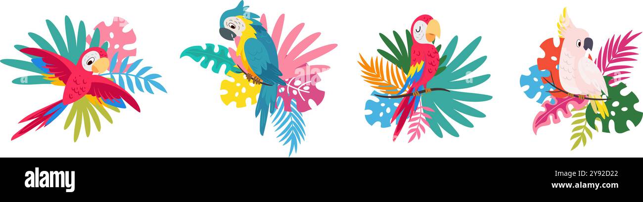 Perroquets exotiques. Plantes et oiseaux tropicaux, perroquets vibrants et différentes feuilles. Brésil animaux australiens. Conception d'autocollants d'oiseau, ensemble vecteur de nos jours Illustration de Vecteur