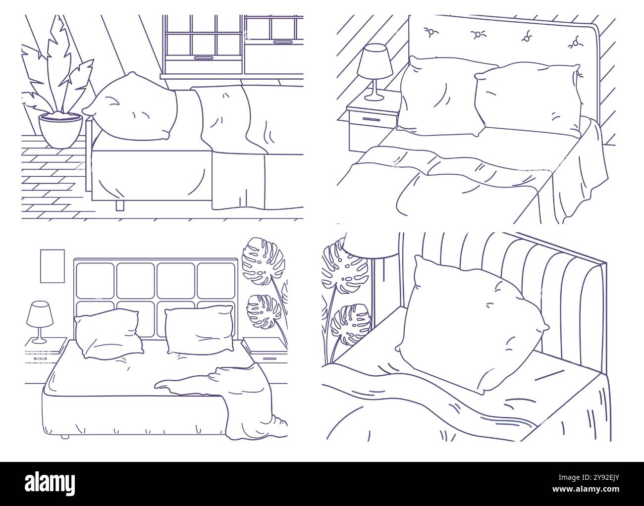 Chambre avec ensemble vecteur de style ligne de literie Illustration de Vecteur