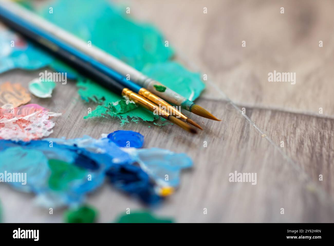 Une palette colorée de divers tubes de peinture et pinceaux disposés soigneusement sur une table en bois rustique, mettant en valeur les teintes vibrantes pour la créativité Banque D'Images