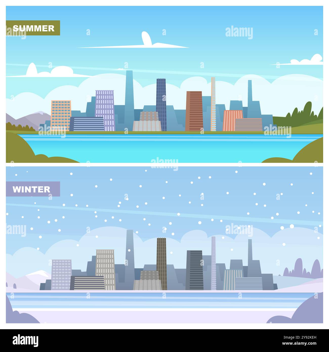 saisons. fond urbain d'été et d'hiver avec paysage de ville. illustrations vectorielles saisonnières Illustration de Vecteur