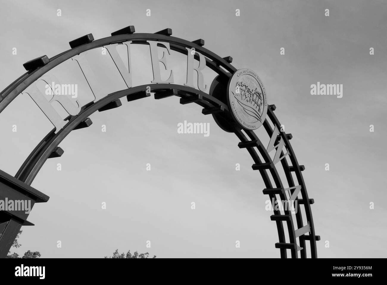 Panneau d'entrée au River Walk Park situé dans le quartier historique des entrepôts de Conway, Caroline du Sud, États-Unis. Banque D'Images