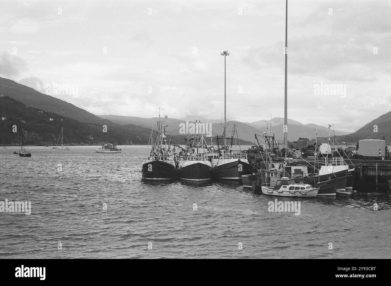 des bateaux de pêche amarrés en ligne à la jetée prêts à partir pour la pêche en haute mer Banque D'Images