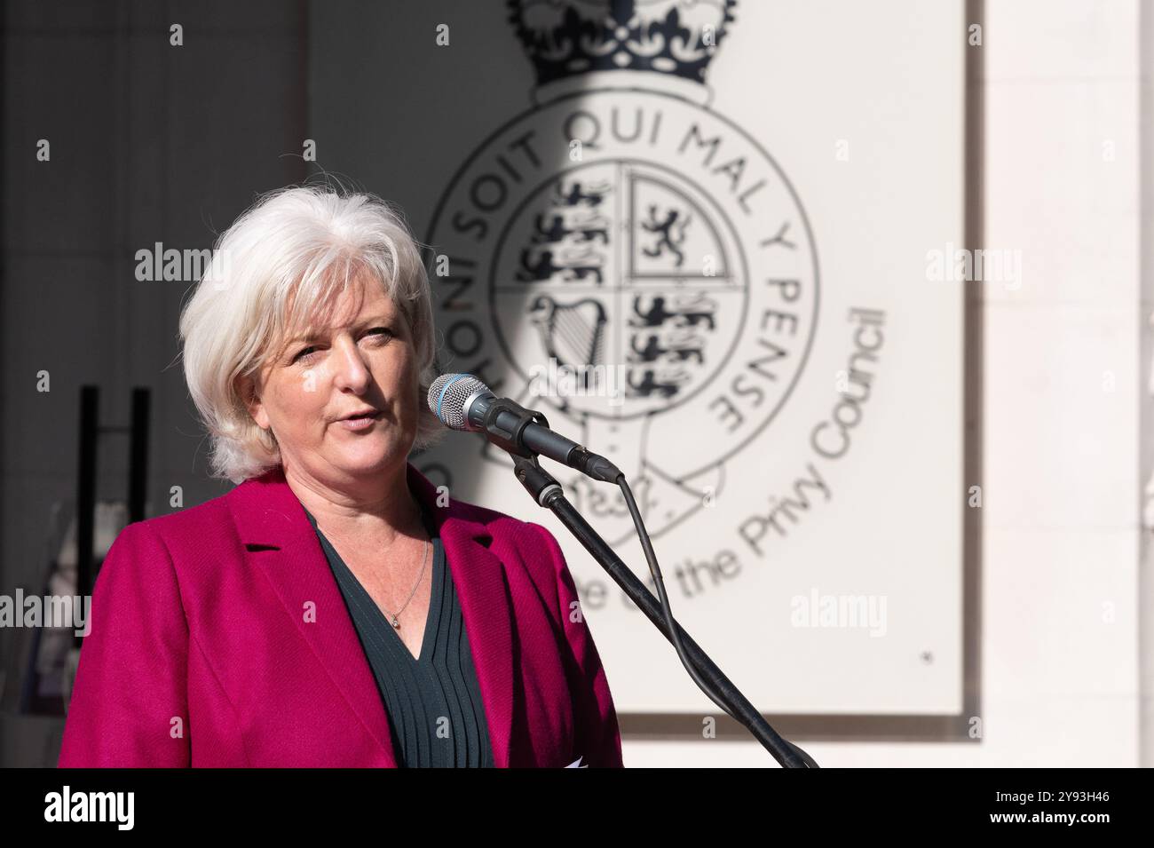 Londres, Royaume-Uni. 8 octobre 2024. Caroline Voaden, la députée libérale démocrate de South Devon, s’adresse aux partisans du camping sauvage et du droit d’errer rassemblés devant la Cour suprême où un propriétaire foncier du Devon, le gestionnaire de fonds spéculatifs Alexander Darwall, conteste une décision antérieure de la Cour d’appel selon laquelle le public a le droit de camper sauvage dans le parc national de Dartmoor. Le parc est la seule campagne ouverte en Angleterre où le public peut camper sans l'autorisation des propriétaires fonciers, contrairement à l'Écosse où l'accès public à la terre est largement disponible. Crédit : Ron Fassbender/Alamy Live News Banque D'Images