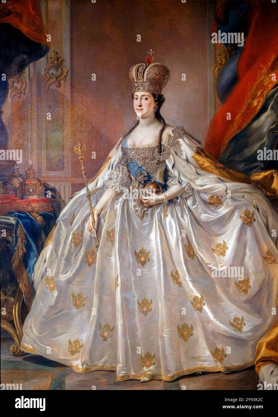 Catherine la Grande (Catherine II, 1729-1796), impératrice de Russie, dans sa robe de couronnement, portrait peint à l'huile sur toile par Stefano Torelli, vers 1762 Banque D'Images
