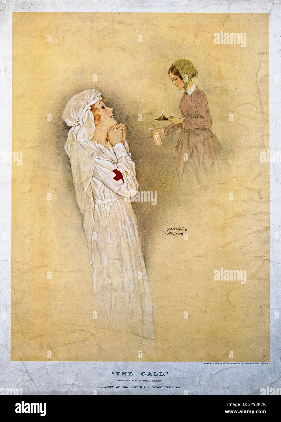 L'appel. Une infirmière regardant une vision de Florence Nightingale comme 'la Dame à la lampe', imprimé d'après Raphaël Kirchner, 1917 Banque D'Images